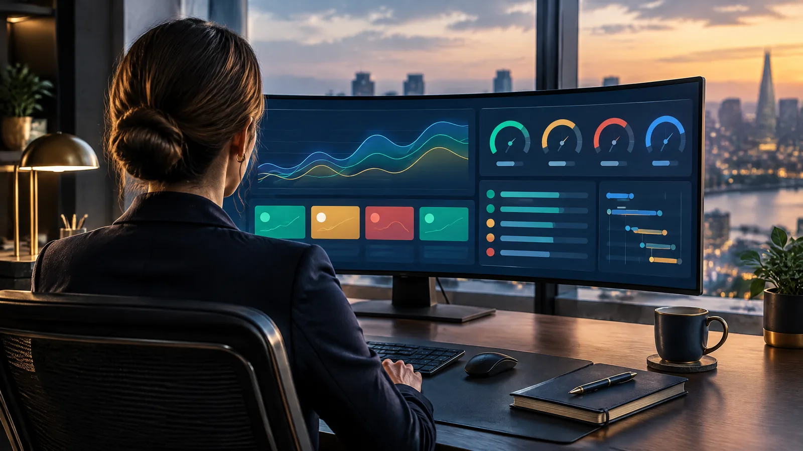 Risk manager at a desk reviewing a dashboard of abstract trend lines and status tiles, representing key risk indicator monitoring