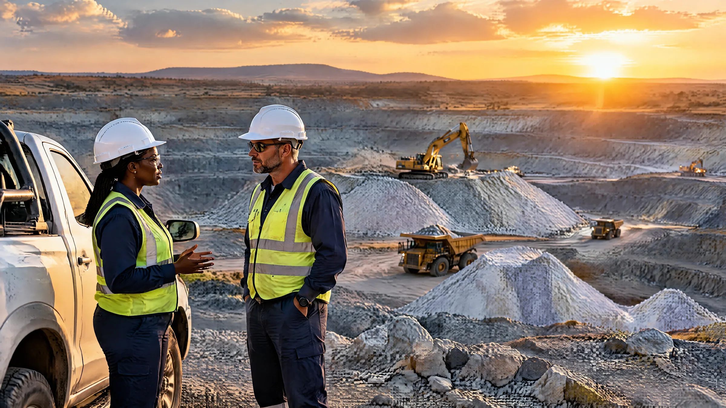 A safety officer and an engineer talking beside an open-pit lithium mine in Zimbabwe at golden hour, representing ISO 45001 and security for Zimbabwe's platinum and lithium mines