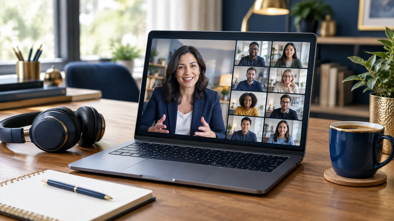 Laptop showing a live online class with an instructor and a grid of participants, representing virtual classroom training