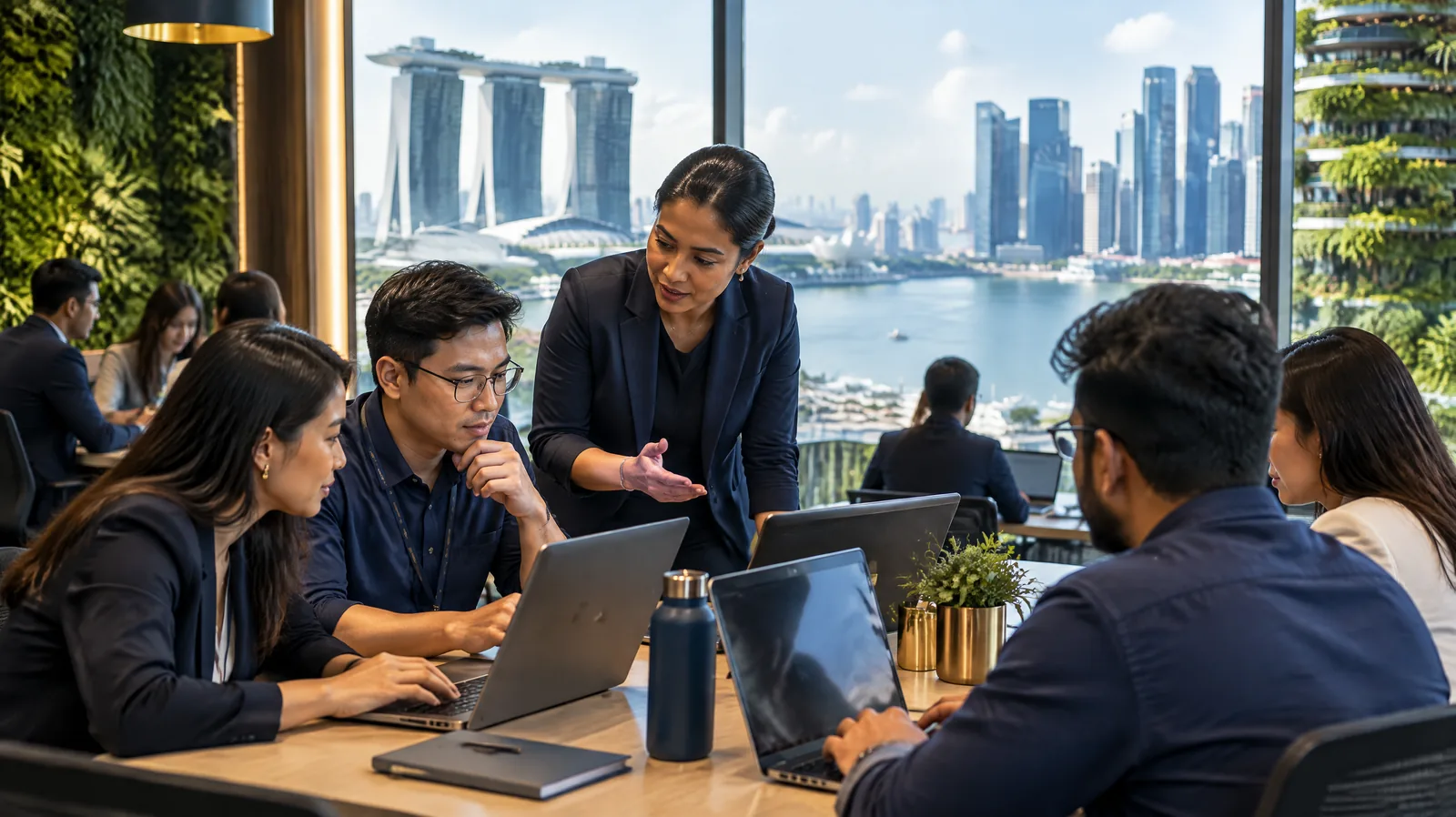 Training session in an office overlooking a bay with modern towers and gardens, representing MAS TRM and CCoP training in Singapore