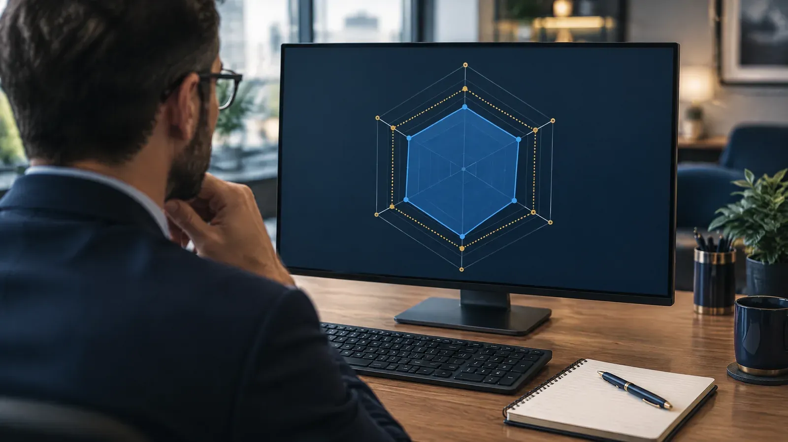 Consultant studying a radar chart comparing current and target cyber maturity on a monitor