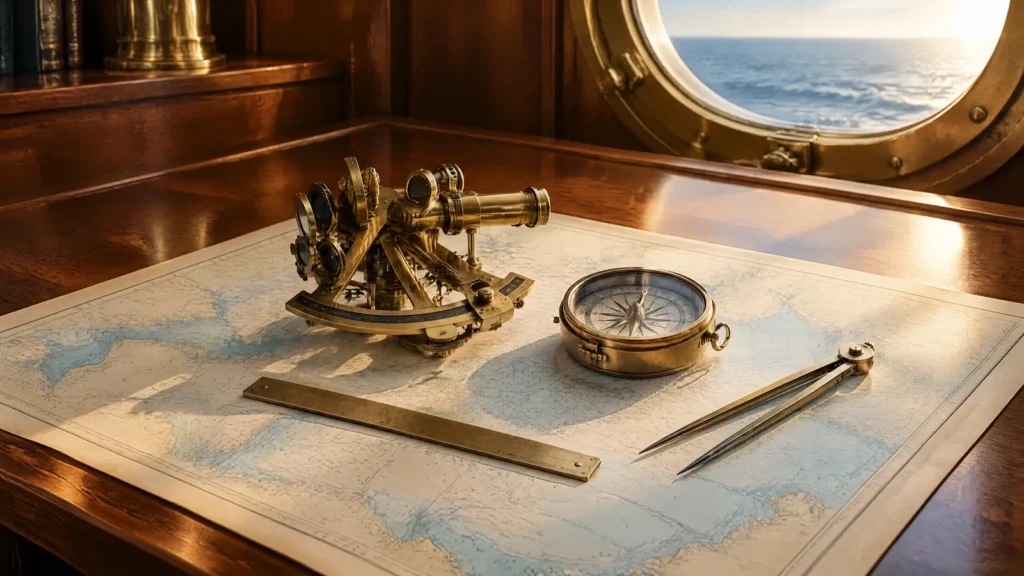A sextant and compass on a chart table, representing measuring and steering cyber security performance.