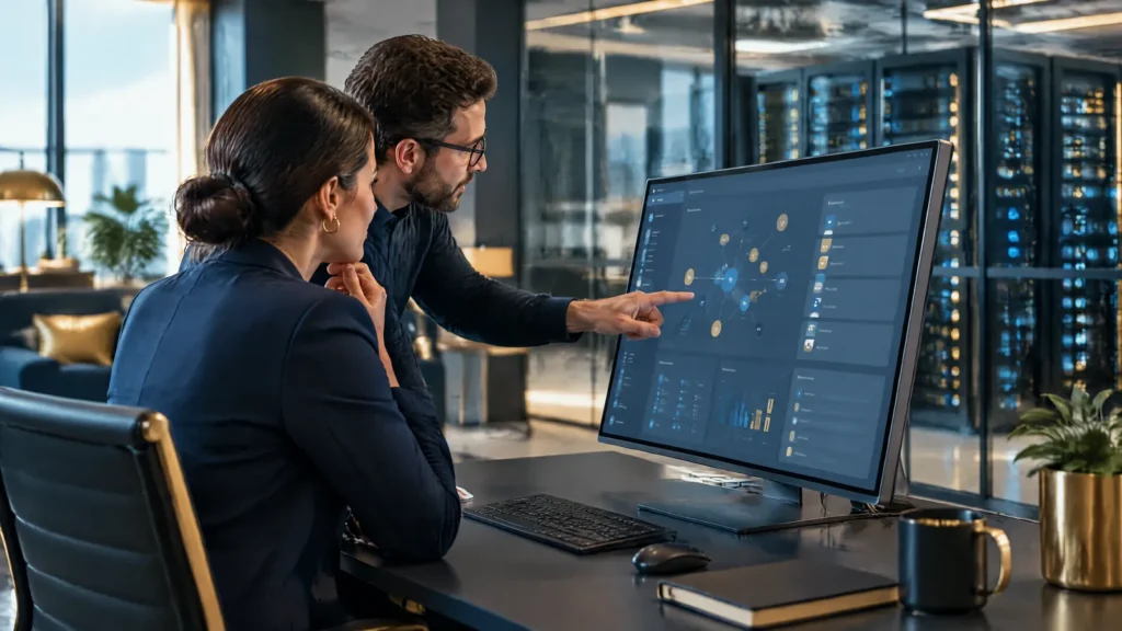 A data governance lead and a data engineer review data classification and lineage.