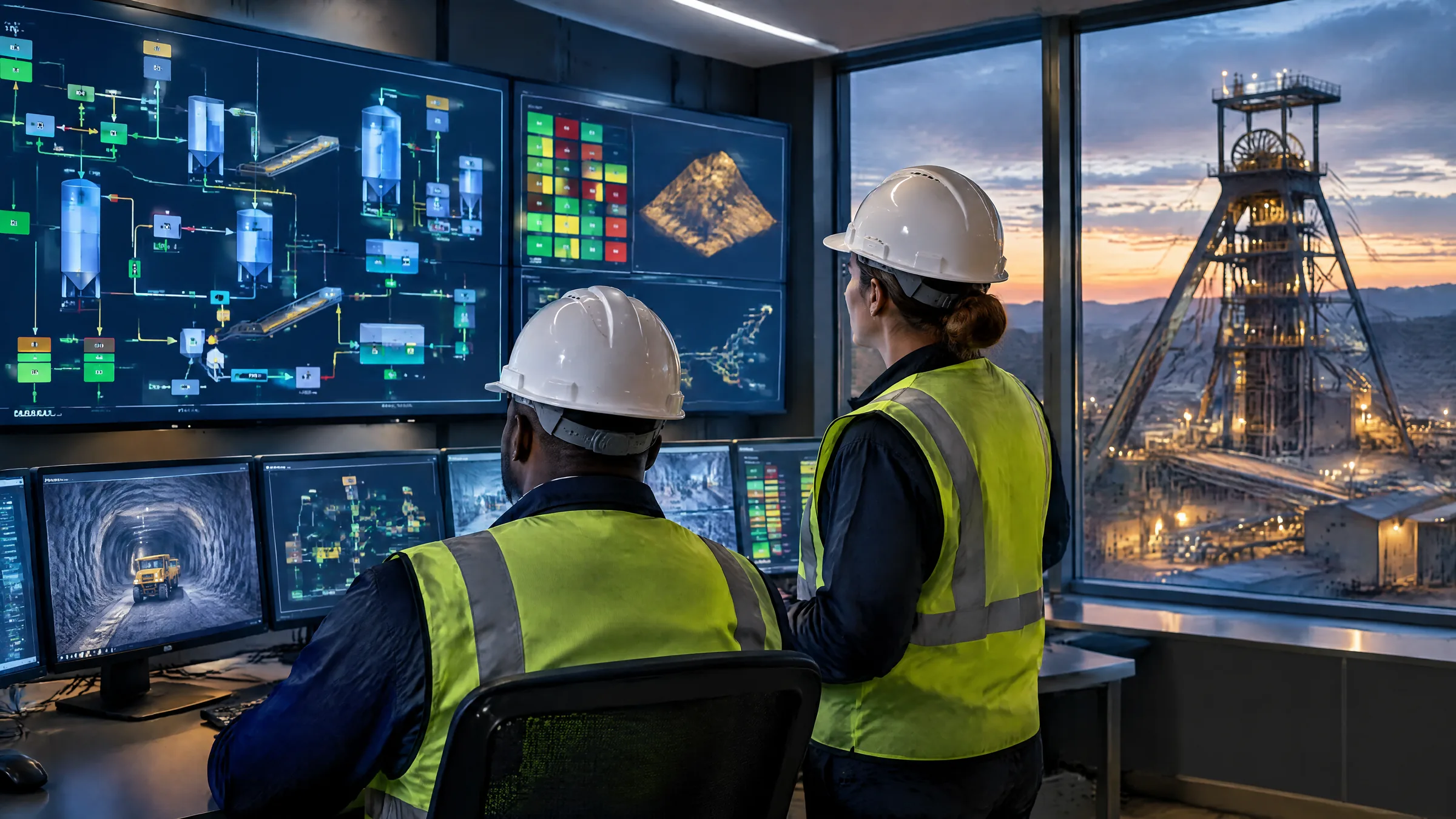 Engineers in hard hats watching wall displays in a deep-level mine operations control centre, representing operational technology security for South African mines