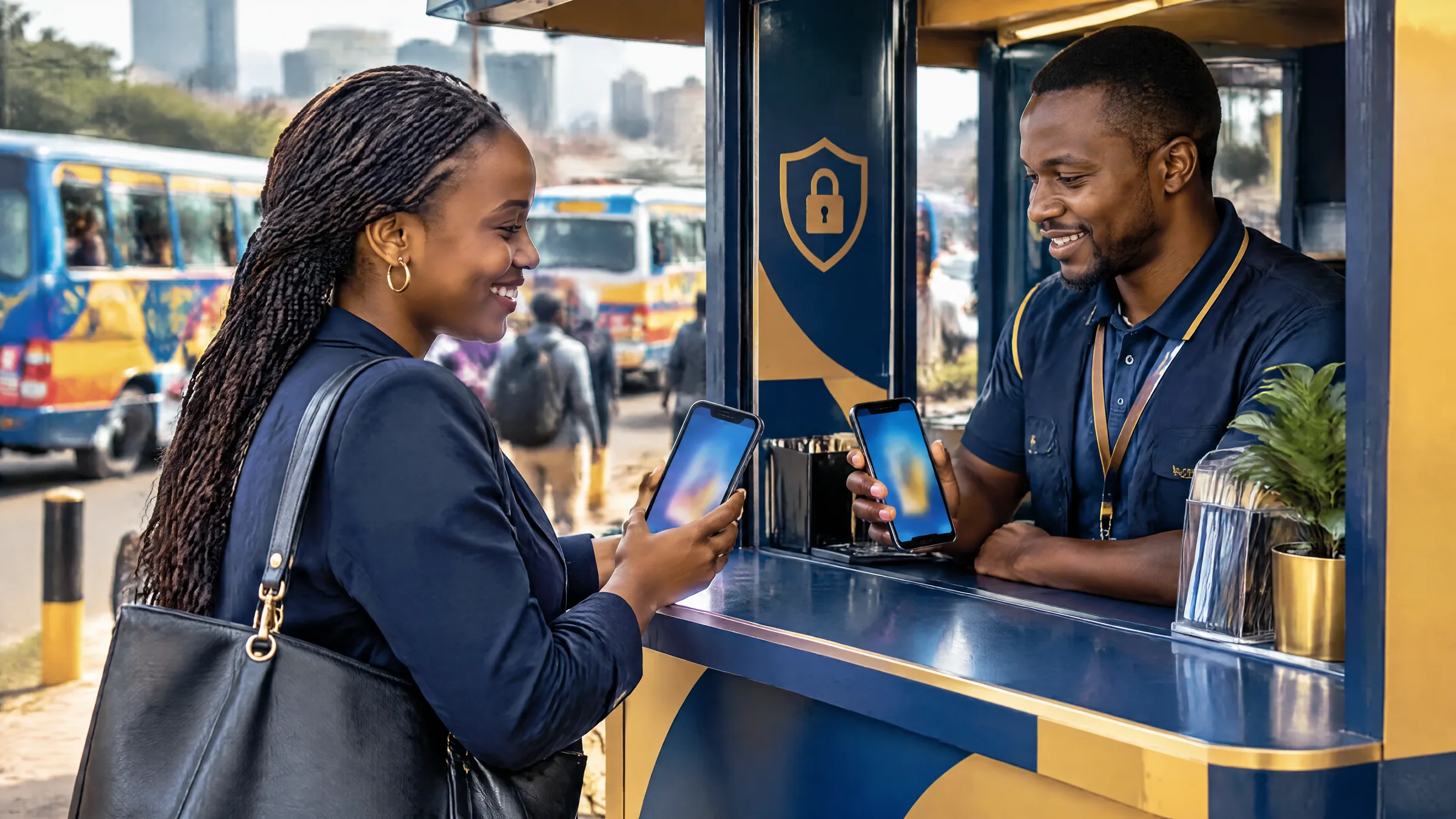A customer and an agent holding smartphones at a mobile money kiosk on a Nairobi street, representing payment security and PCI DSS in Kenya