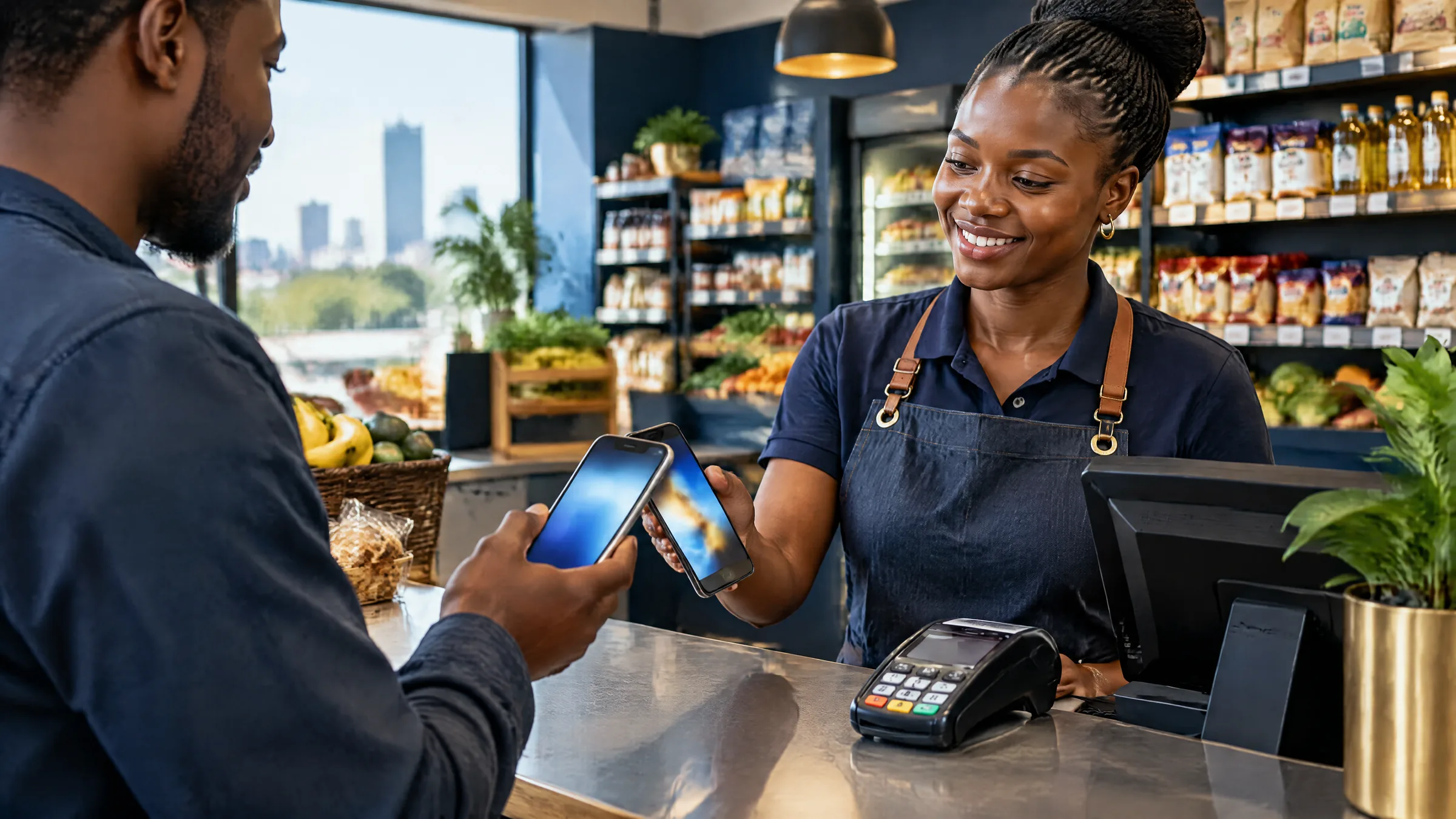 A shop owner accepting a mobile wallet payment from a customer at a small grocery counter in Harare, representing payment security for Zimbabwe's banks and fintechs