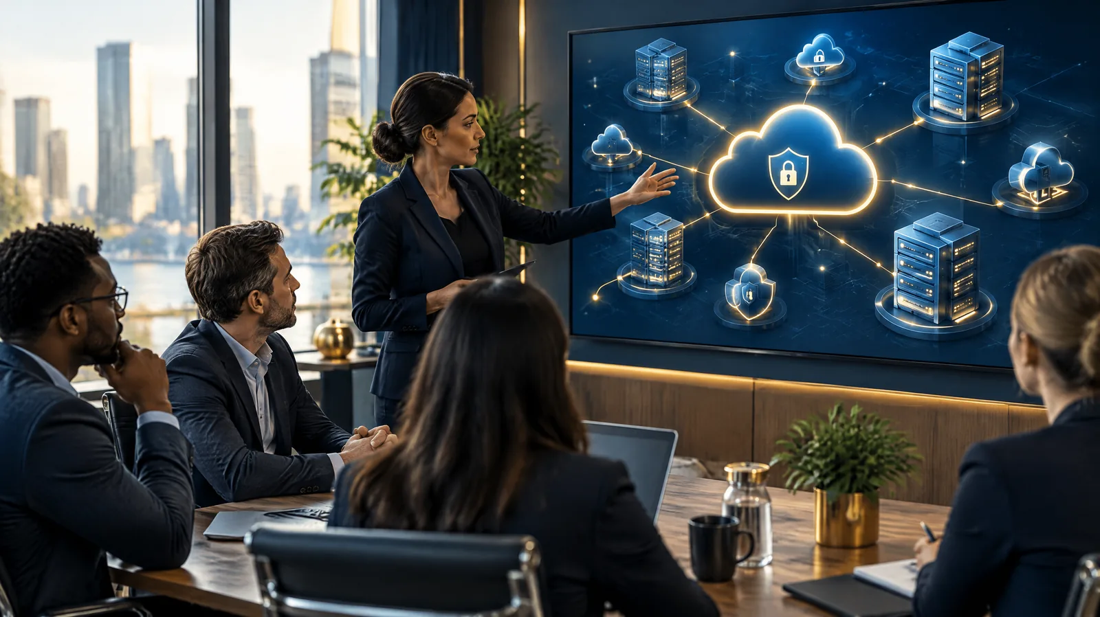 Team reviewing cloud security architecture on a large screen with cloud and server icons, representing NCA Cloud Cybersecurity Controls training