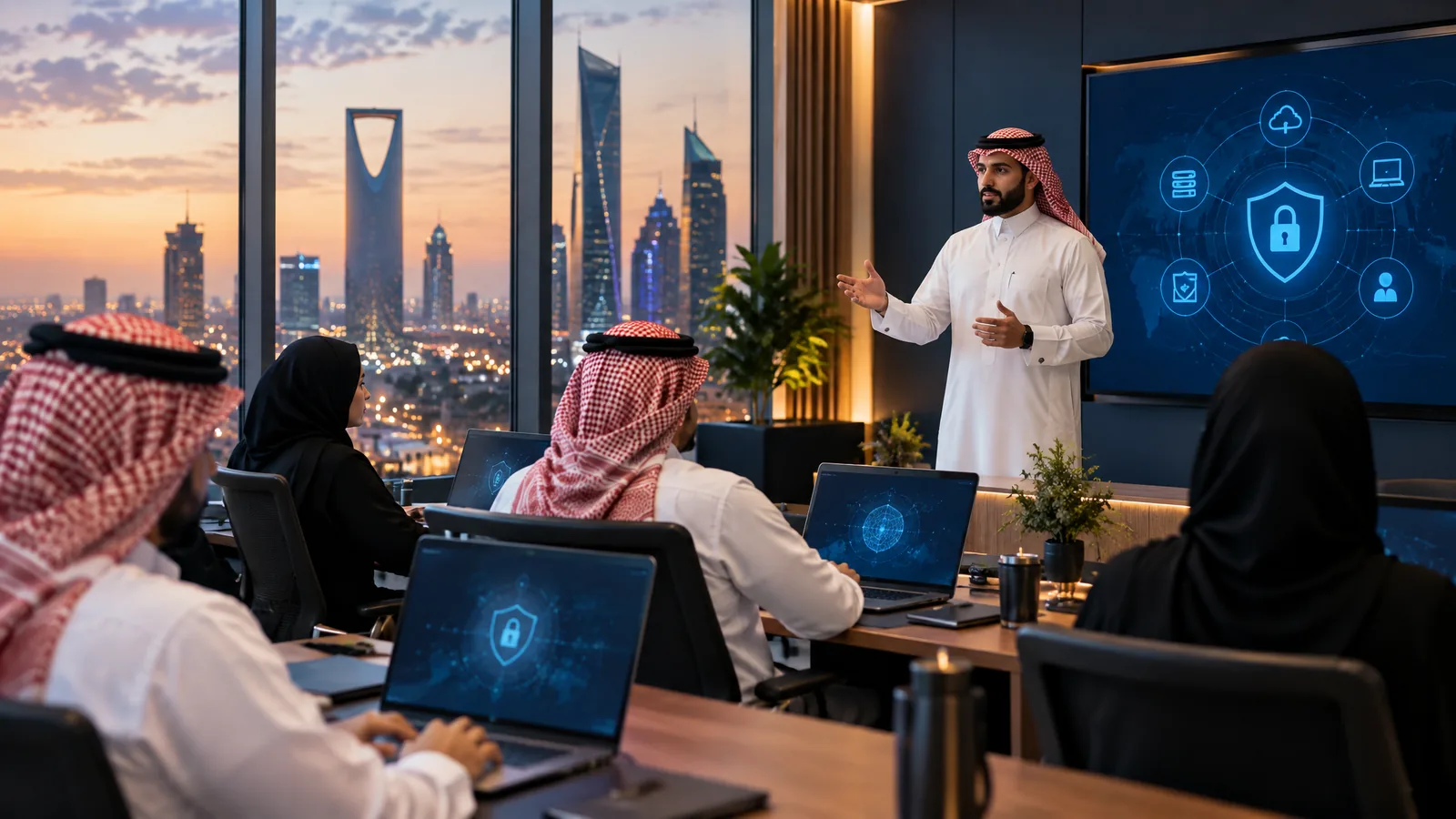 Saudi professionals at laptops in a modern Riyadh training room with skyscrapers at dusk, representing NCA ECC training in Saudi Arabia