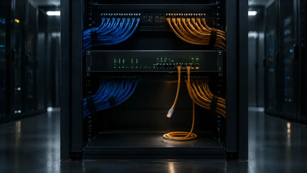 A firewall appliance in a network rack with neat patch cables and one unplugged cable, representing firewall rule review.