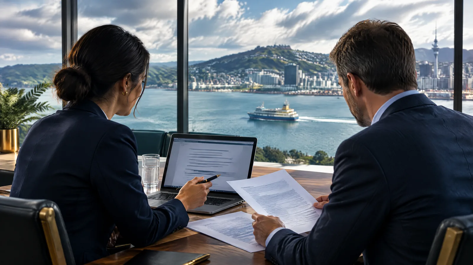Professionals reviewing documents in a meeting room overlooking a hilly harbour city, representing a New Zealand government supplier meeting security requirements
