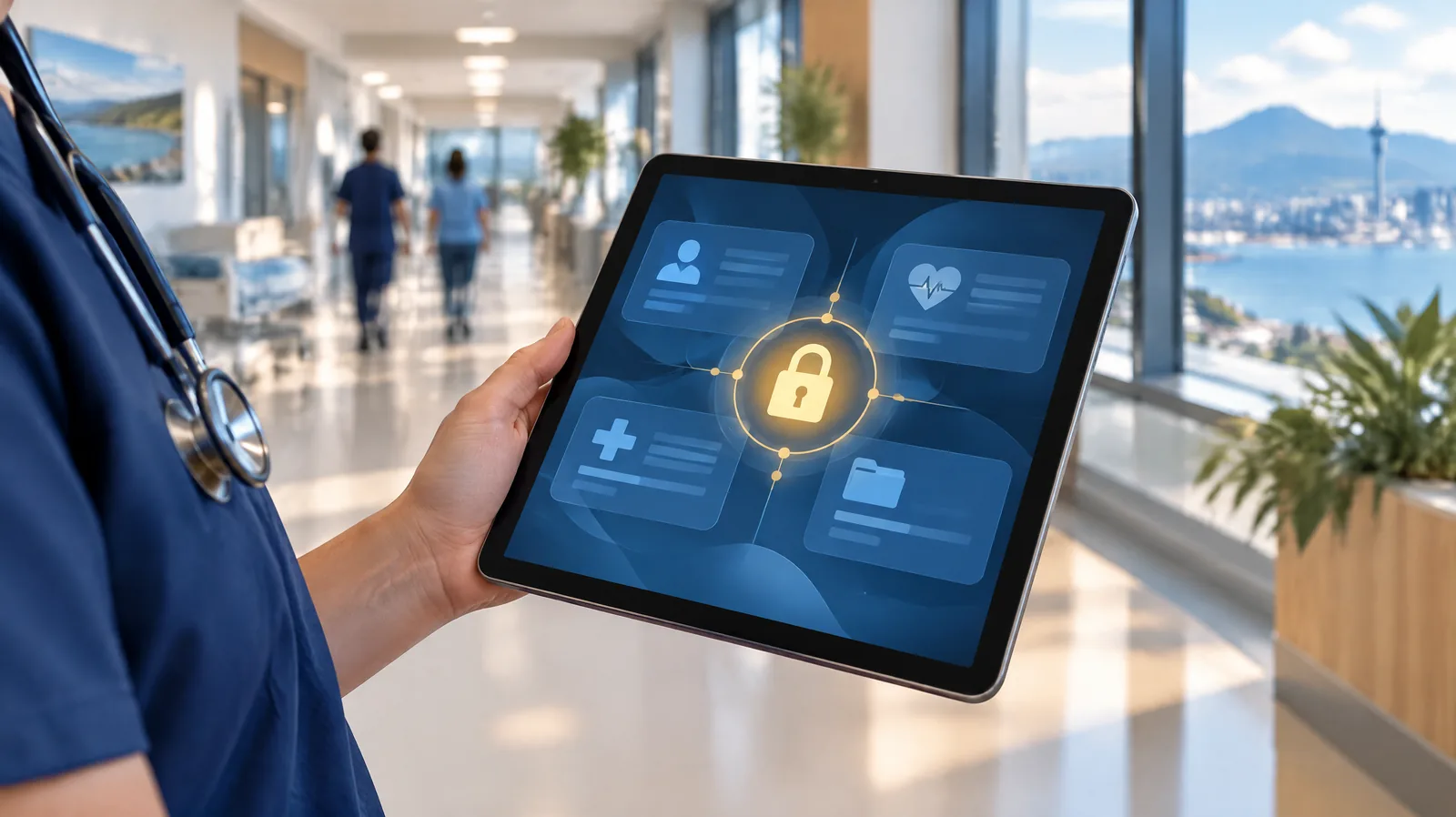 Clinician holding a tablet with a secure records interface in a hospital corridor, representing protecting health information in New Zealand