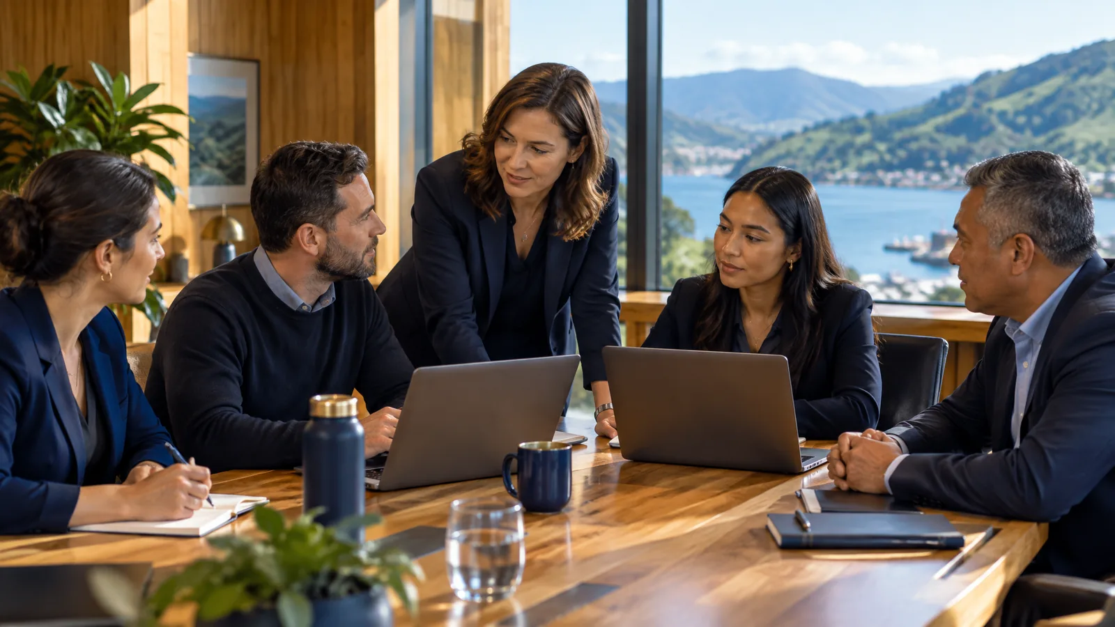 Workshop in a timber-lined office with a view of green hills and a harbour, representing NZISM and PSR training in New Zealand