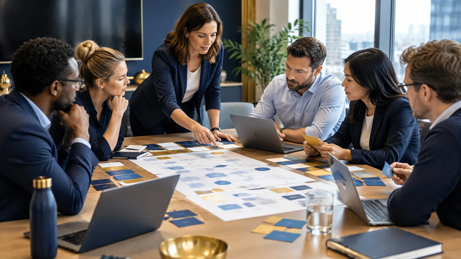 Consultant facilitating an on-site workshop with a client team around a table of diagrams and laptops, representing private on-site corporate training
