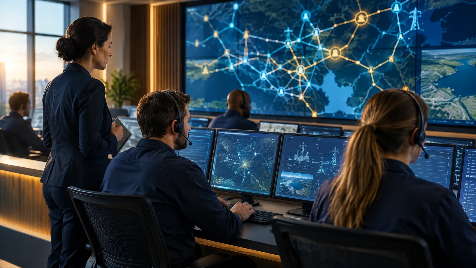 Operators in a utility control room with an instructor behind them during a drill, representing critical infrastructure incident response exercises
