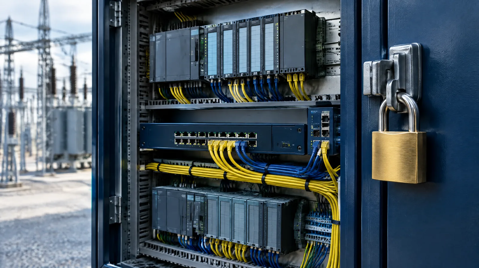 Open industrial control cabinet with PLCs, network switch and cables, padlocked, representing OT and SCADA security