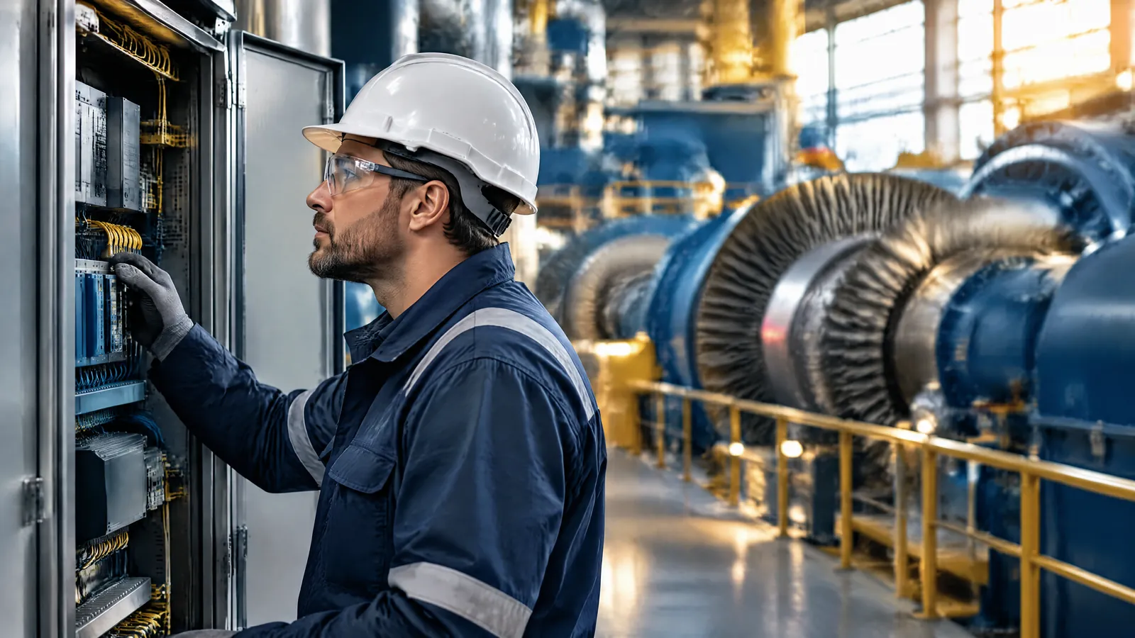An OT engineer inspects an industrial control cabinet in a power station.