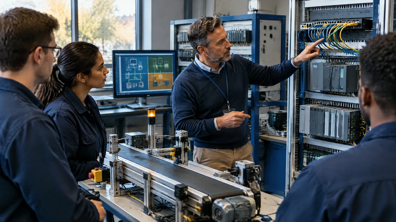 Engineers in a training lab with industrial control panels and a conveyor rig while an instructor explains network segmentation, representing OT security training