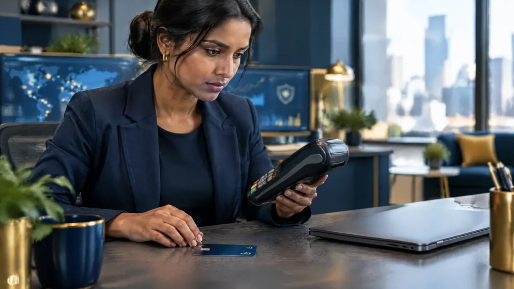 A payments security analyst reviews AI controls in a cardholder data environment beside a payment terminal.