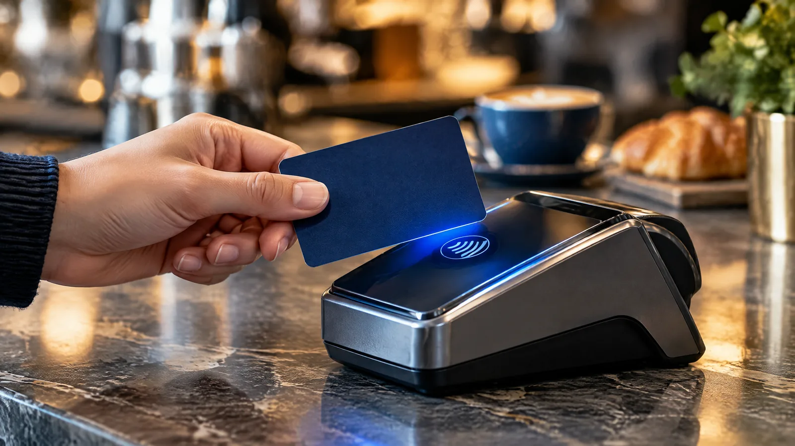 Hand tapping a plain payment card on a modern card terminal, representing PCI DSS compliance for card payments