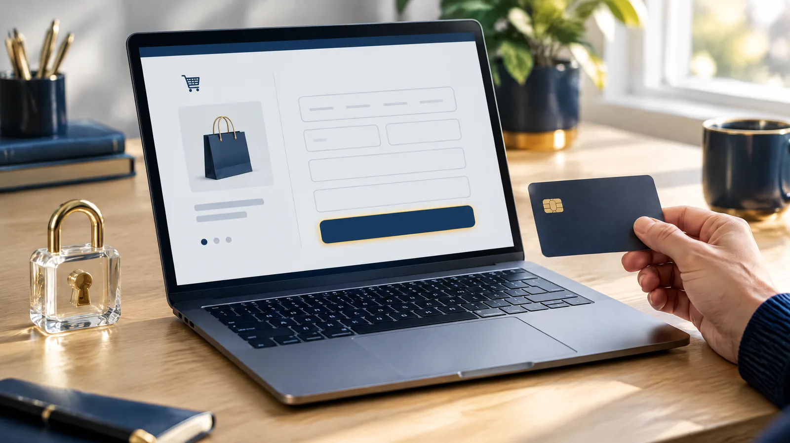 Laptop showing a blank online checkout form next to a payment card and a glass padlock, representing e-commerce payment page security
