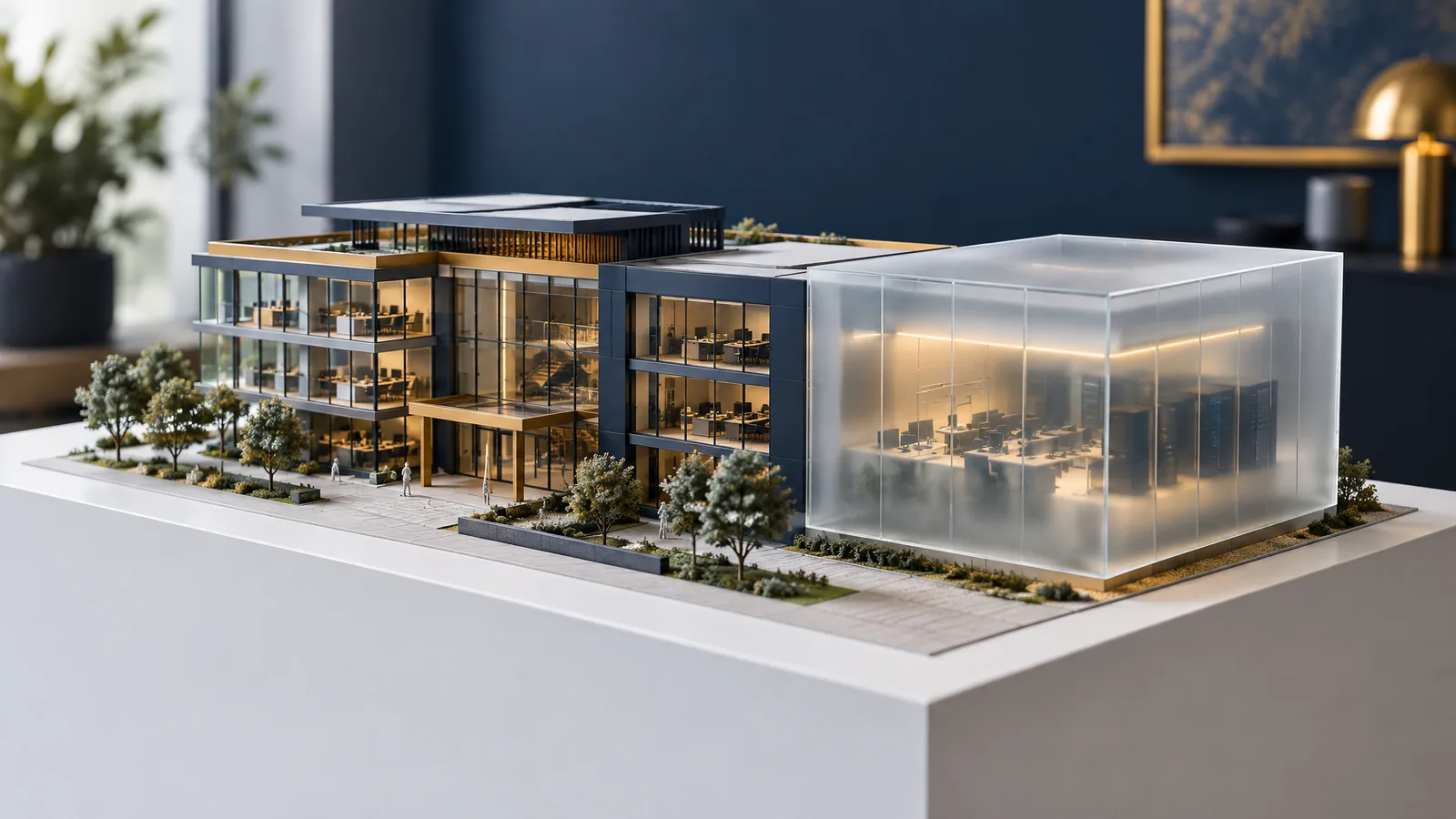 Architectural model with one wing enclosed in a frosted glass box, representing reducing PCI DSS scope through segmentation