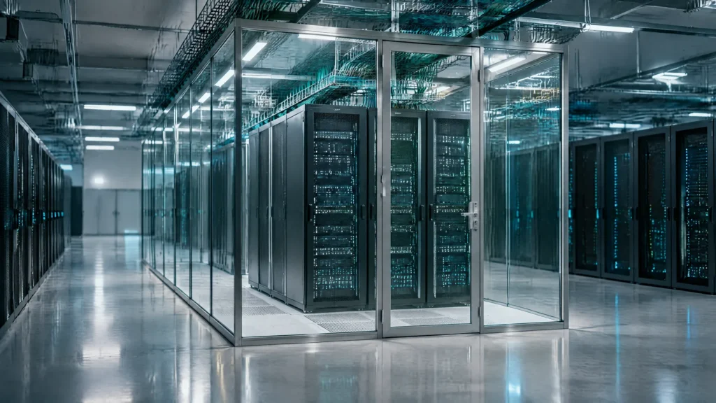 Server racks enclosed in a locked glass cage within a data hall, representing PCI DSS scope reduction through segmentation.