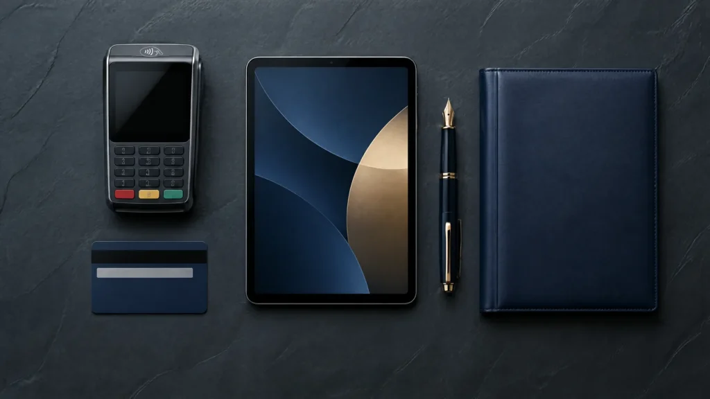 A payment terminal, card, tablet and folder arranged on slate, representing PCI DSS v4.0 changes.