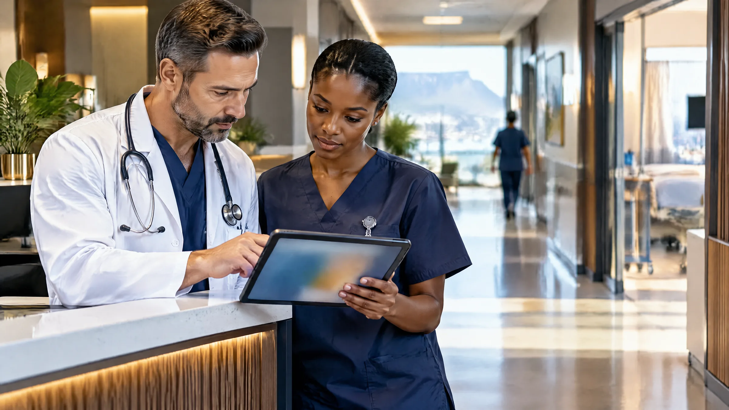 A doctor and a nurse reviewing a patient record on a tablet at a nurses' station in a Cape Town hospital, representing health information protection under POPIA