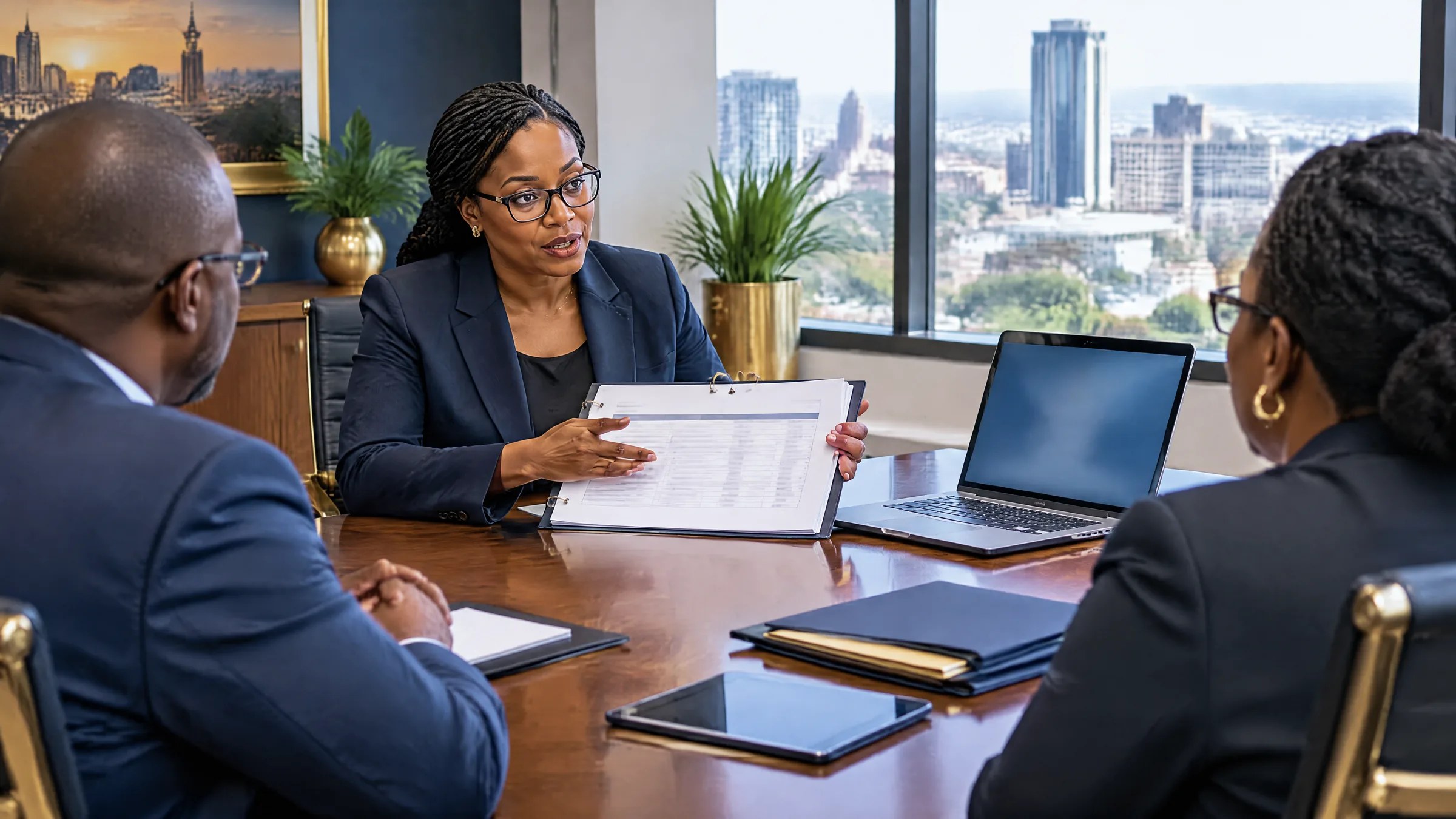 A data protection officer presenting a register and a laptop to two inspectors across a meeting table in Harare, representing POTRAZ compliance inspections