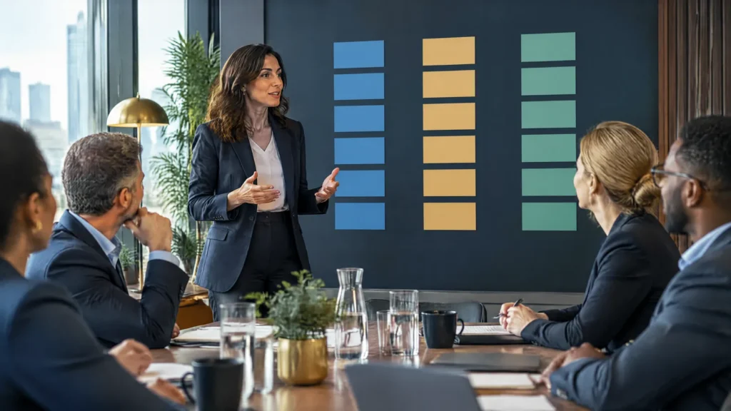 A GRC consultant runs a framework workshop with a client leadership team.