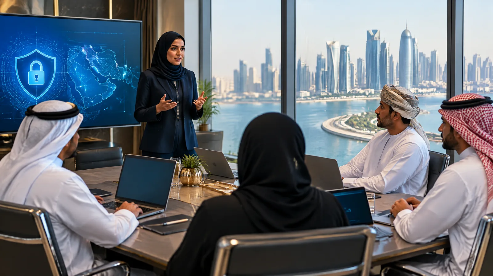 Gulf professionals in a regional training workshop with a curved waterfront skyline, representing cyber security compliance training across Qatar, Bahrain, Kuwait and Oman