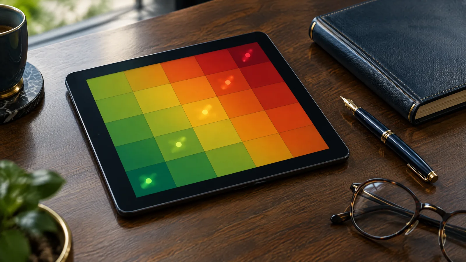Tablet on a desk showing an abstract likelihood and consequence heat map shading from green to red