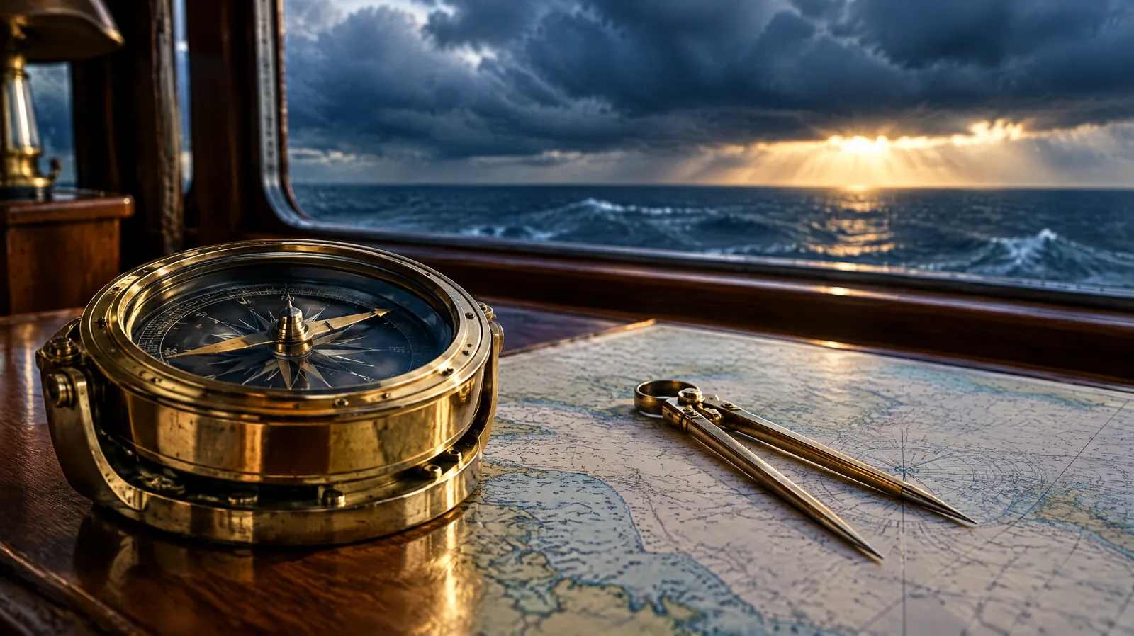 Brass ship compass and dividers on a nautical chart with a storm on the horizon, representing navigating strategy within a risk appetite