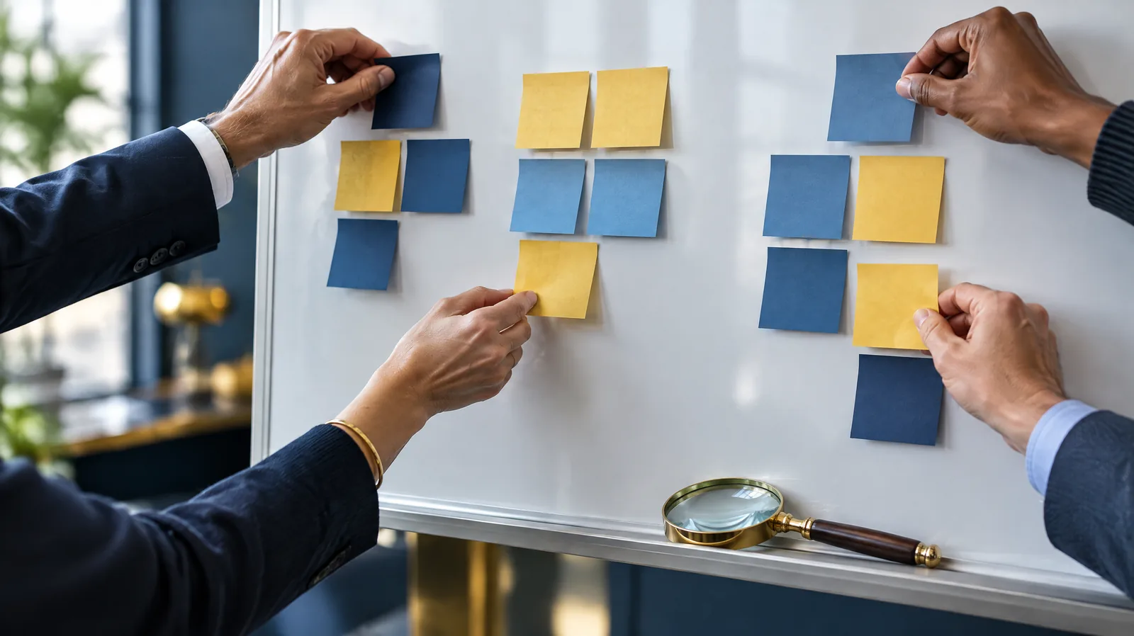 Hands grouping sticky notes into clusters on a whiteboard during a risk identification workshop