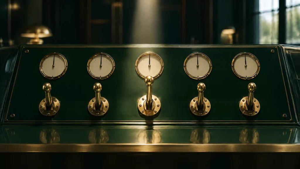 A control desk of brass levers and dials, representing a risk responsive AI governance framework that adjusts controls.