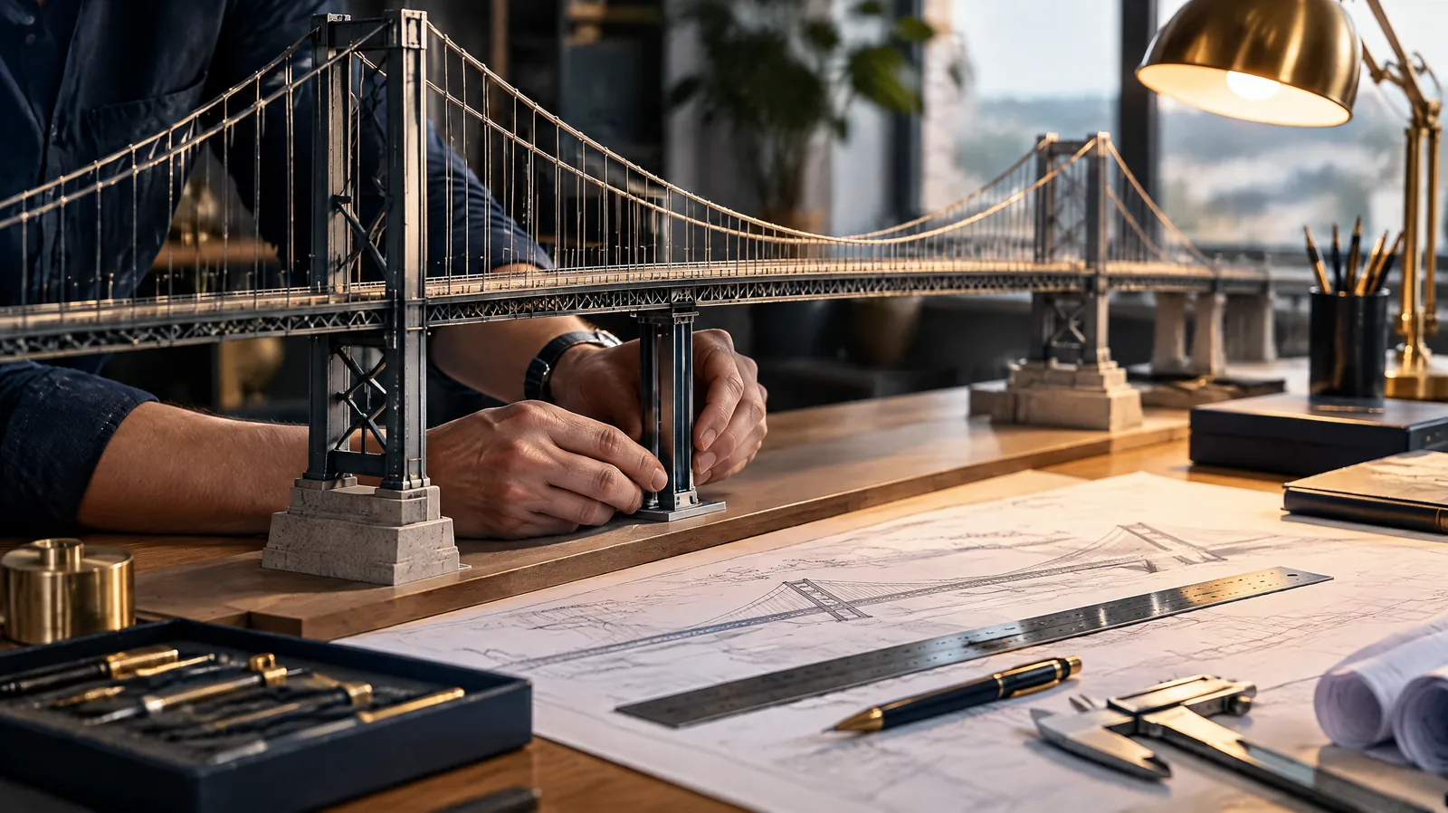 Engineer fitting a new steel support beneath a scale model of a suspension bridge, representing risk treatment planning