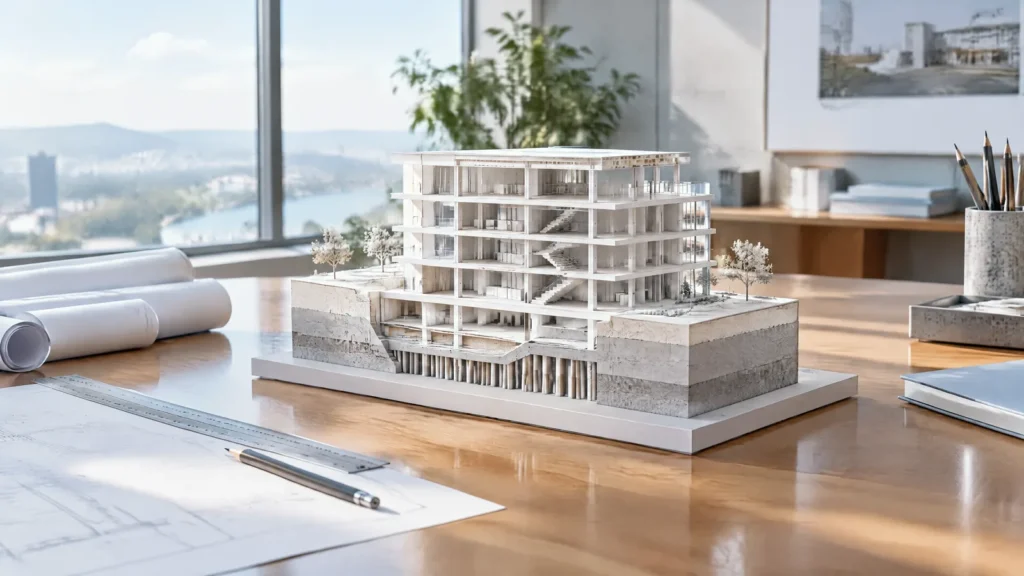 A layered architectural scale model on an architect's desk, representing SABSA enterprise security architecture.