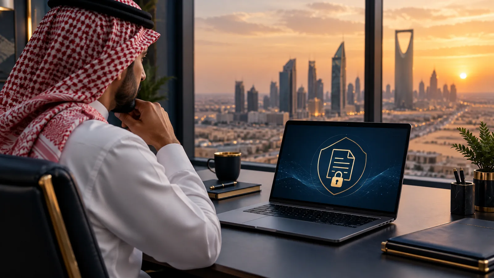 Data protection officer at a laptop with a shield and document icon, desert city skyline at sunset, representing Saudi PDPL training
