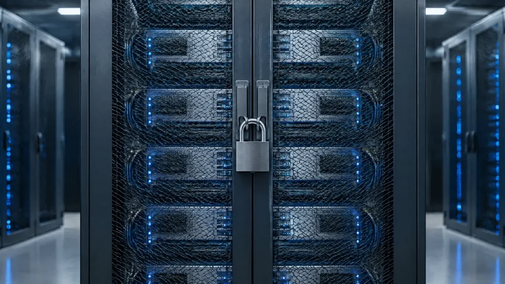 AI accelerator servers behind a locked steel mesh door, representing securing AI systems.