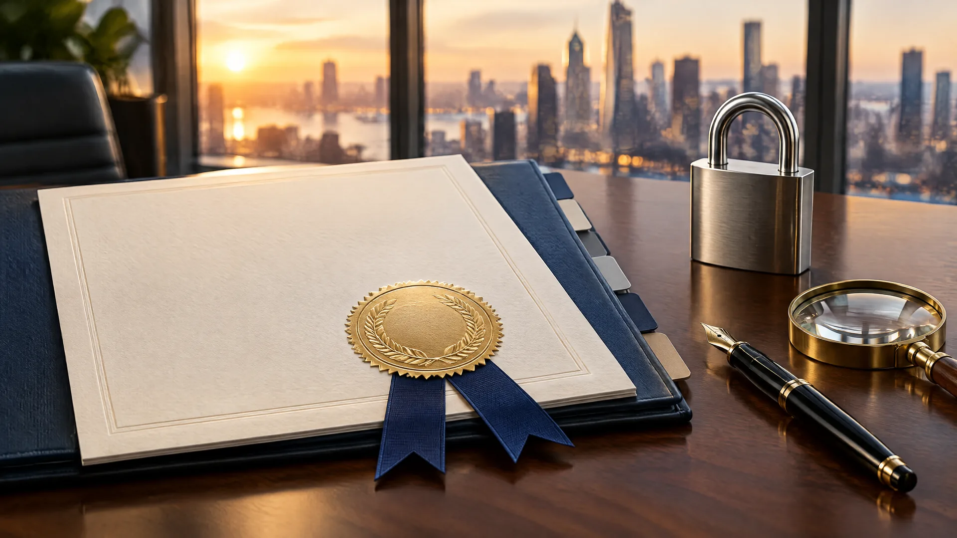 Embossed gold certification seal on an audit binder beside a padlock, representing security certification and accreditation
