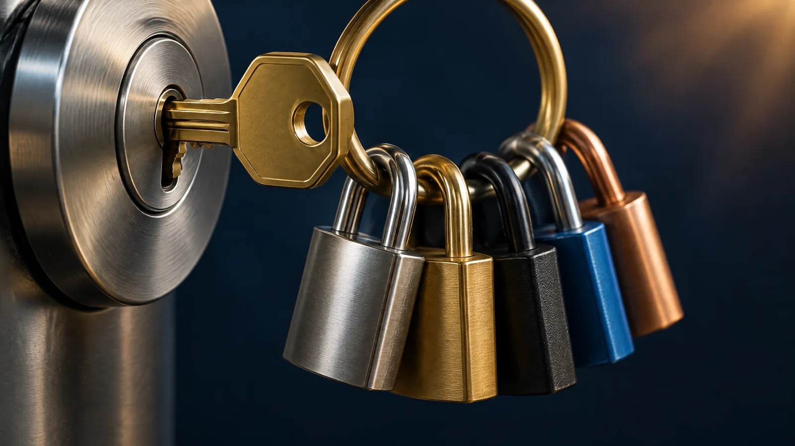 Brass master key in a steel lock with five padlocks on a ring behind, representing security compliance services with one control set for many frameworks