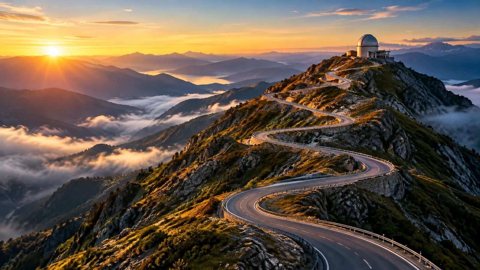Winding mountain road climbing towards a summit observatory at sunrise, representing a prioritised cyber security uplift roadmap