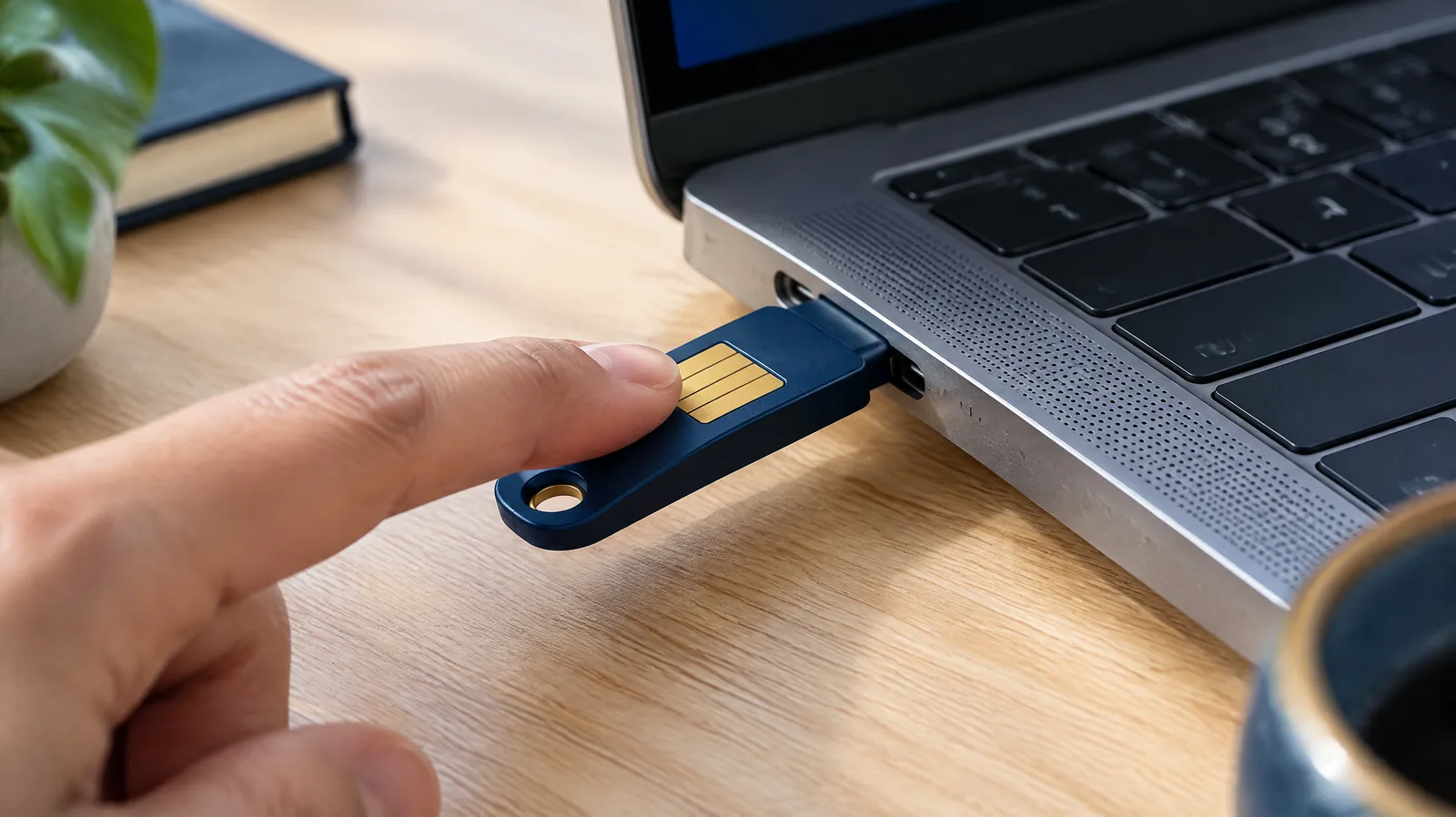 Hardware security key plugged into a laptop, representing multi-factor authentication for a small business