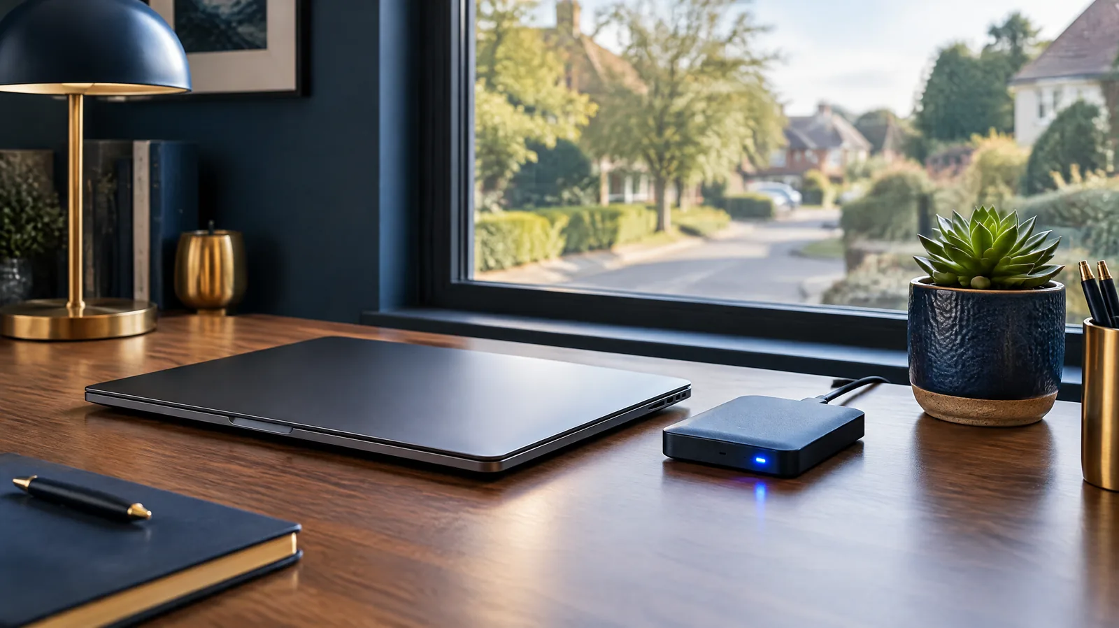 Small office desk with a laptop and an external backup drive with a status light, representing regular tested backups