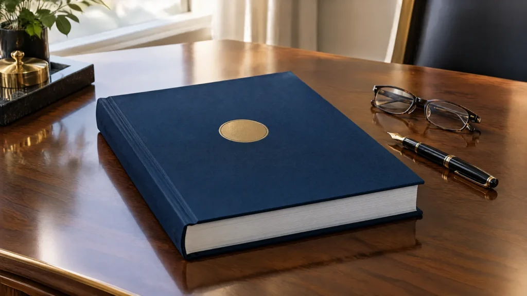 A bound report with an embossed seal beside a pen, representing a SOC independent assurance attestation report.