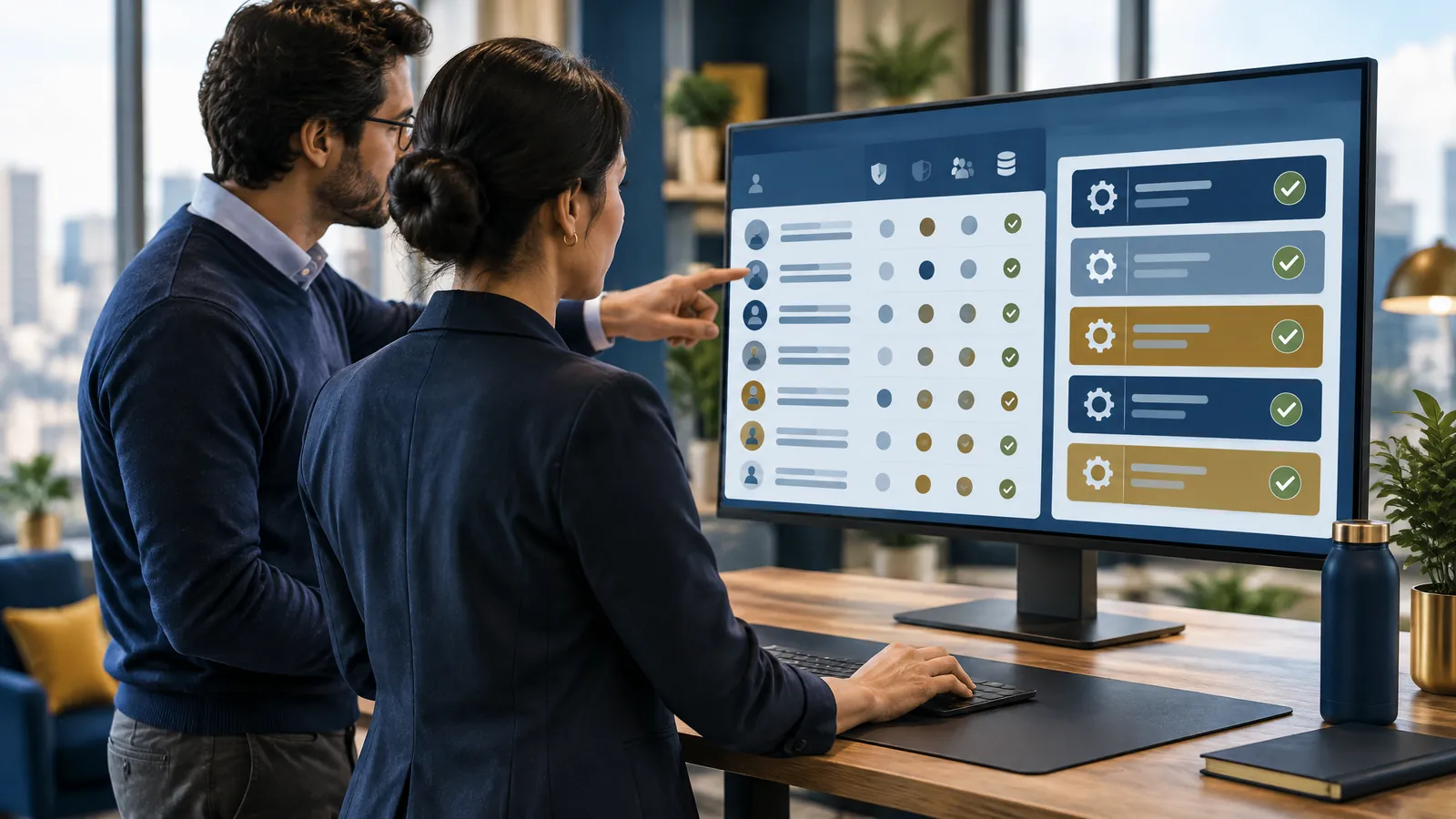 Engineer reviewing access lists and change approval tiles on a monitor with a colleague, representing SOC 2 evidence collection