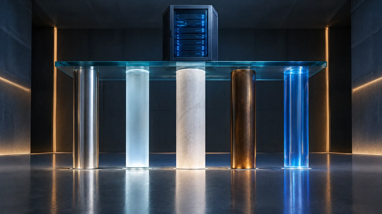 Five columns of different materials supporting a glass platform with a server cabinet, representing the SOC 2 Trust Services Criteria