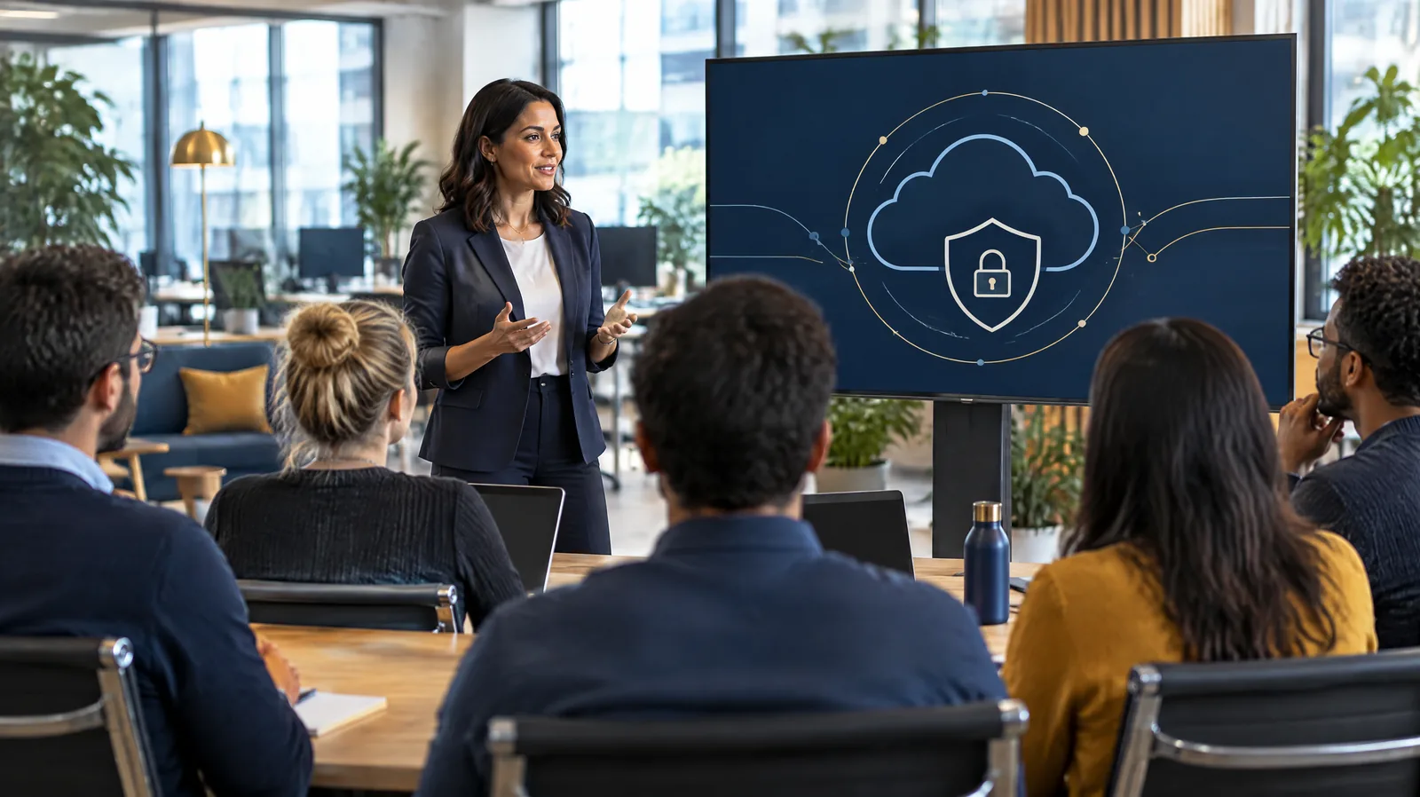 Technology company team attending an in-house training session with a cloud and shield graphic on screen, representing SOC 2 training