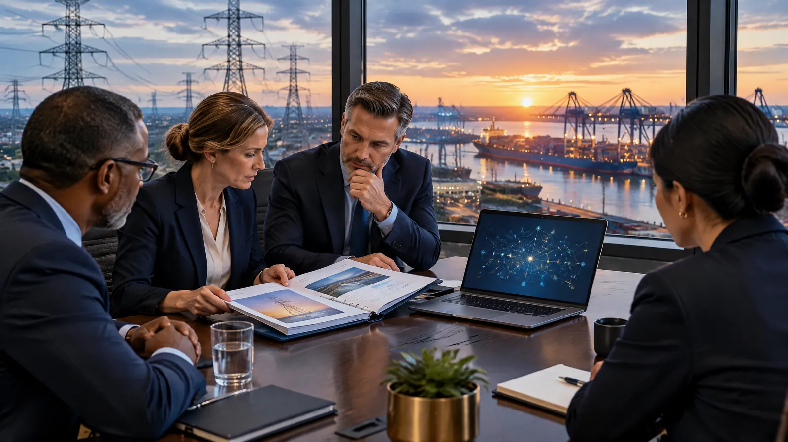 Leadership team reviewing a risk program binder with transmission towers and port cranes outside the window, representing SOCI Act compliance