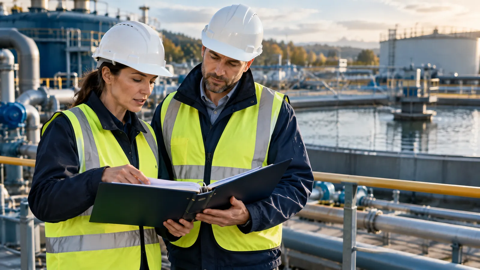 Auditor and engineer in hard hats reviewing an evidence binder at a water treatment plant, representing a SOCI CIRMP audit
